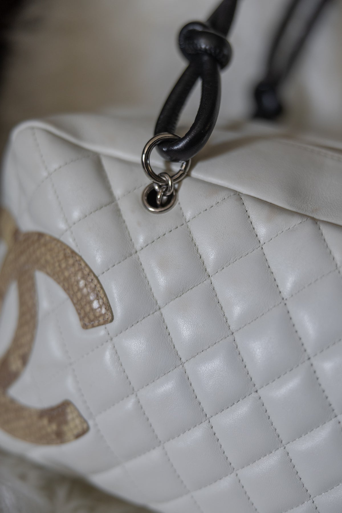 Chanel Cambon Bowler White Snakeskin Bowler Bag W/ Matching Wallet