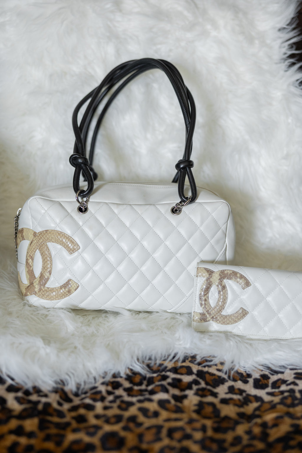 Chanel Cambon Bowler White Snakeskin Bowler Bag W/ Matching Wallet
