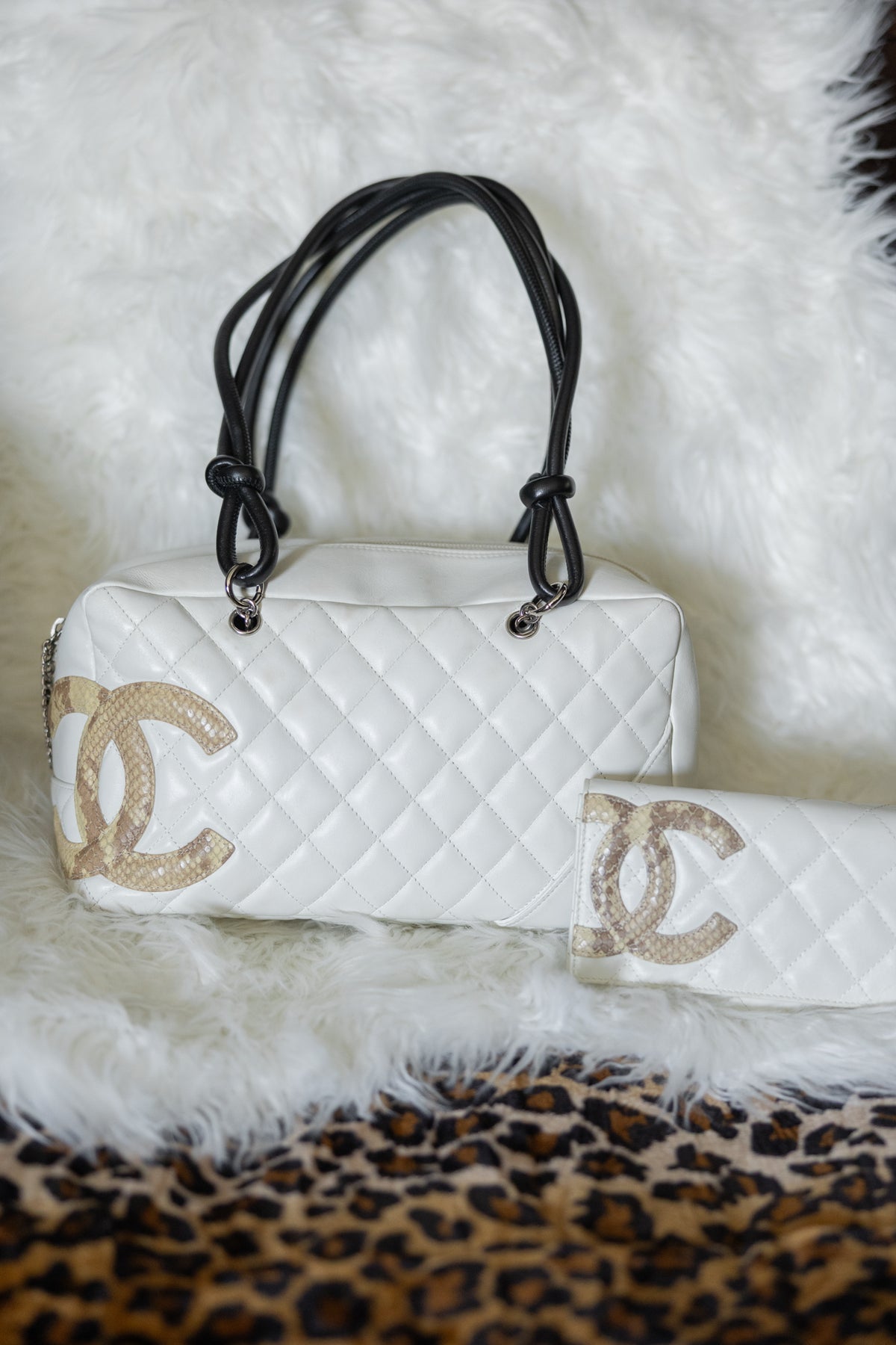 Chanel Cambon Bowler White Snakeskin Bowler Bag W/ Matching Wallet