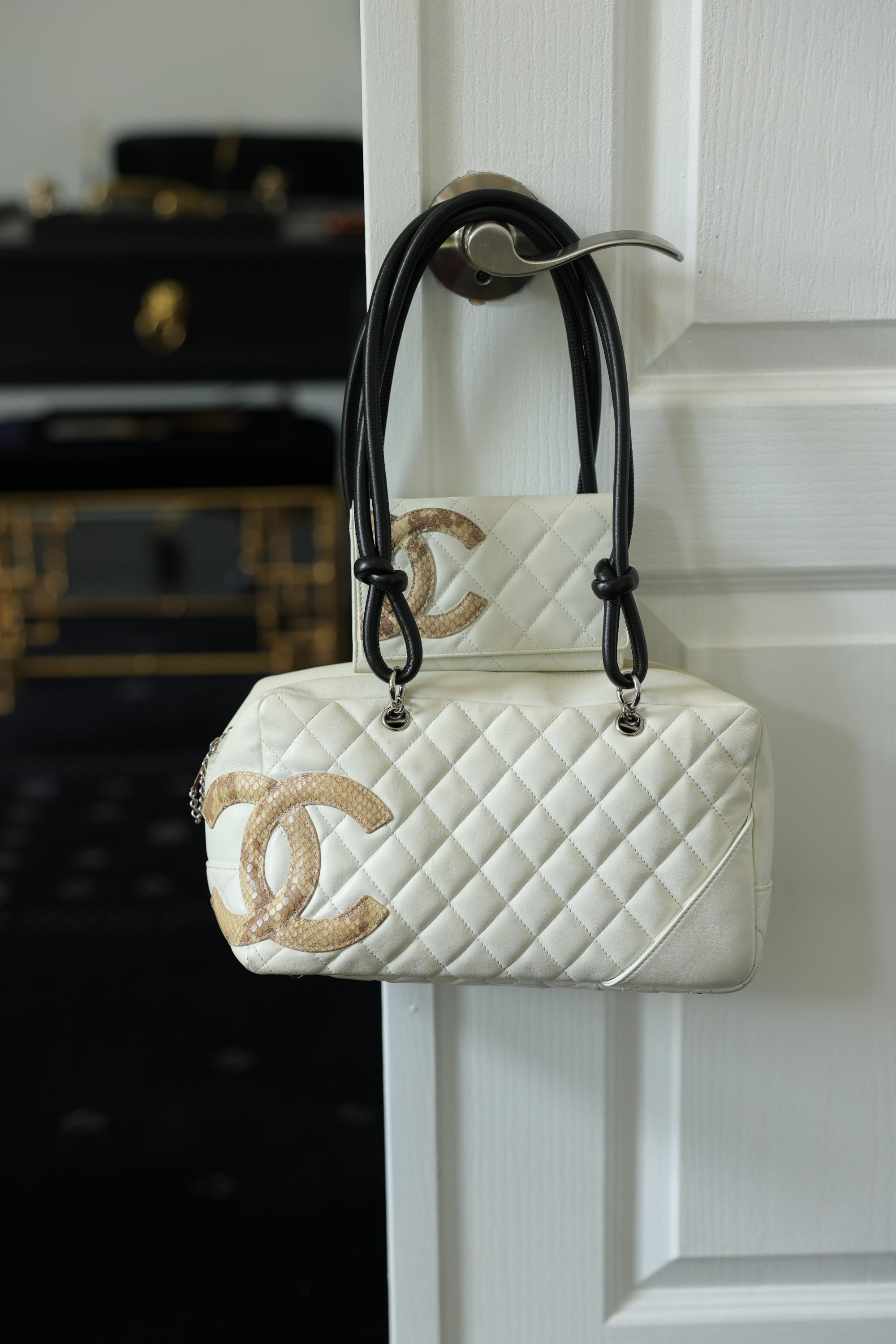 Chanel White Snakeskin Bowler Bag W/ Matching Wallet