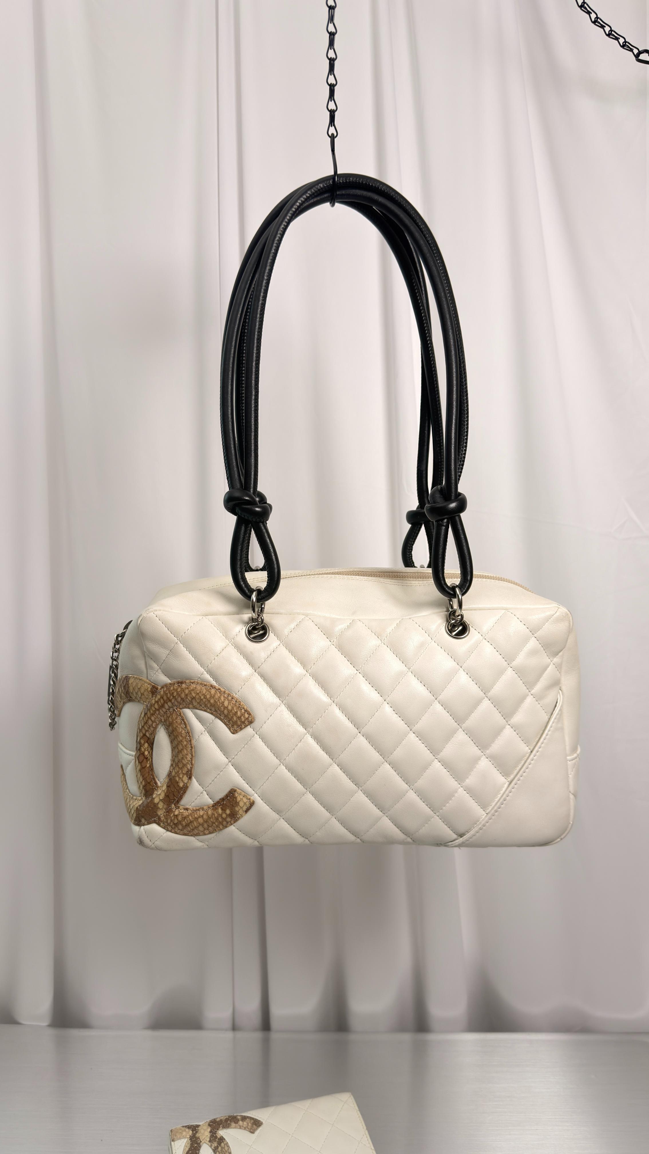 Chanel White Snakeskin Bowler Bag W/ Matching Wallet