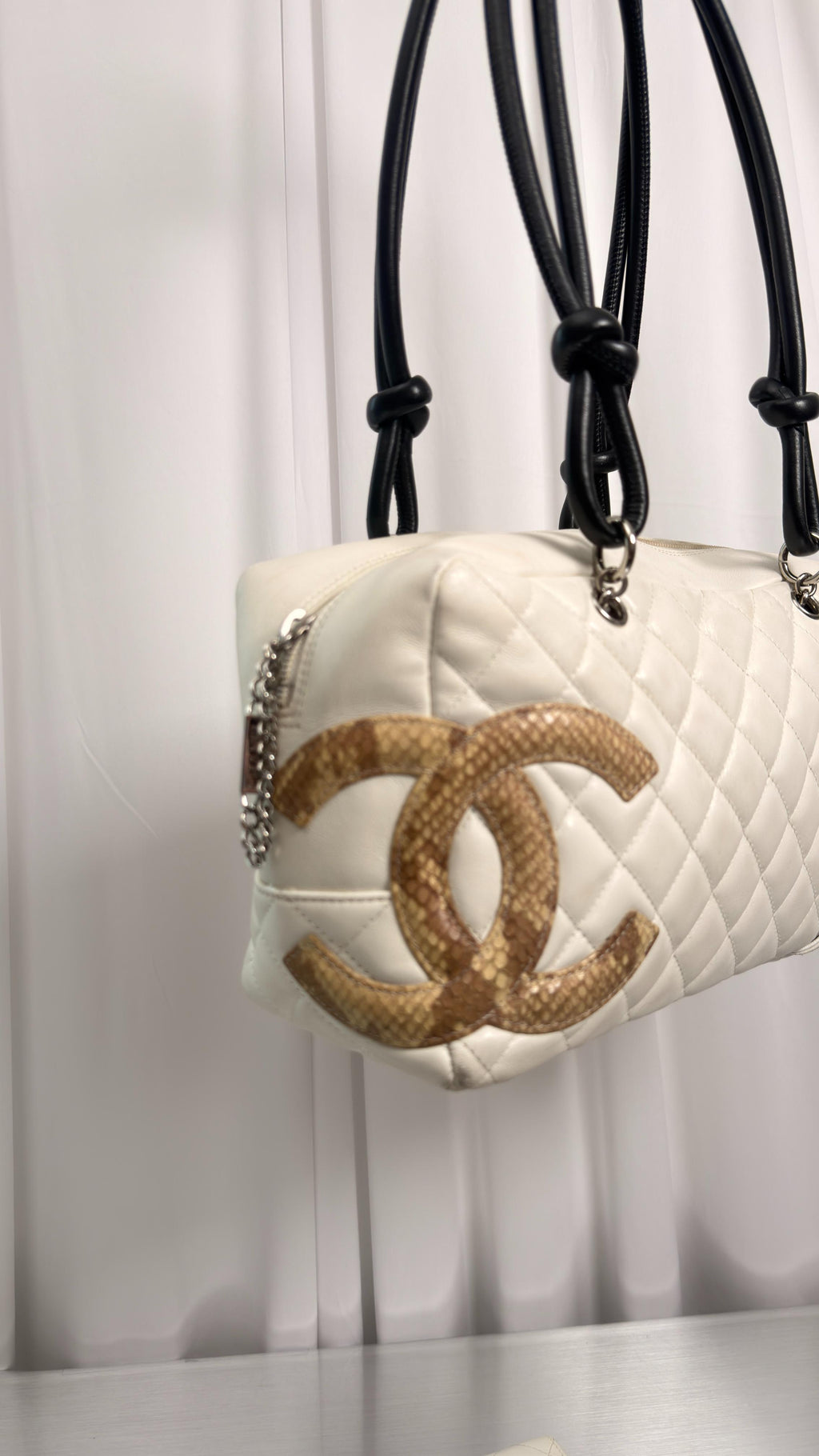 Chanel White Snakeskin Bowler Bag W/ Matching Wallet