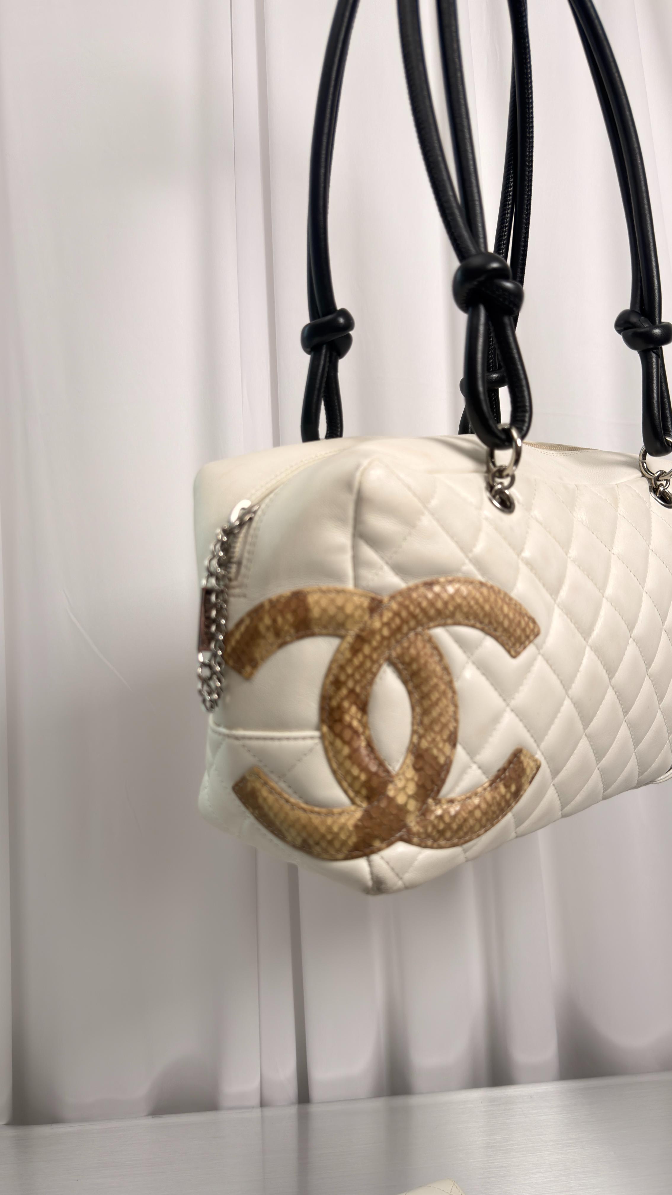 Chanel White Snakeskin Bowler Bag W/ Matching Wallet